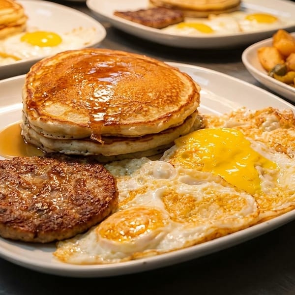 Plates of pancakes, sausage patties, fried eggs, and breakfast potatoes on a metal counter.