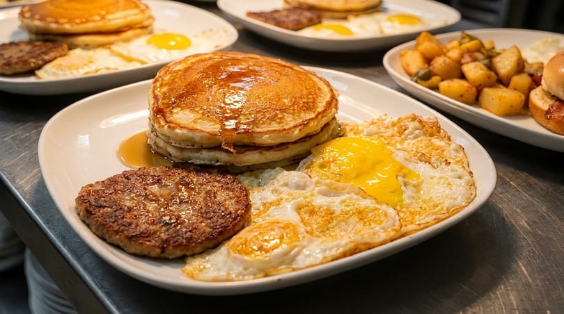 Plates of pancakes, sausage patties, fried eggs, and breakfast potatoes on a metal counter.