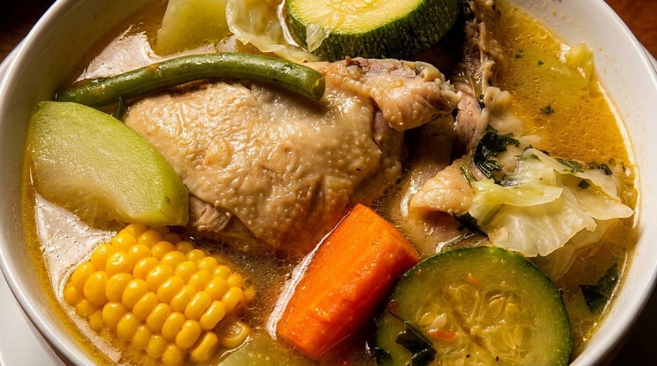 Hearty chicken soup with corn, zucchini, carrots, green beans, and chayote in a white bowl.