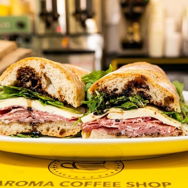 Two halves of a large sandwich with meat, cheese, and greens on a white plate.