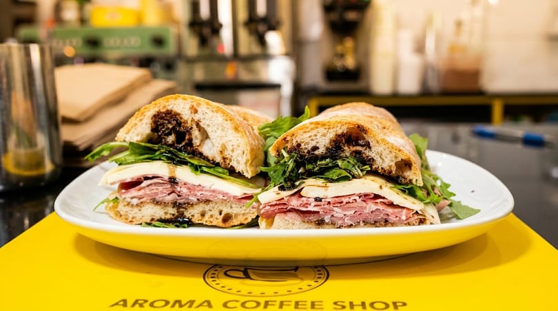 Two halves of a large sandwich with meat, cheese, and greens on a white plate.
