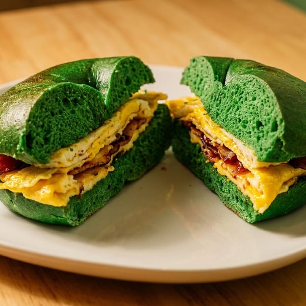 Green bagel sandwich with scrambled eggs and bacon, cut in half on a white plate.