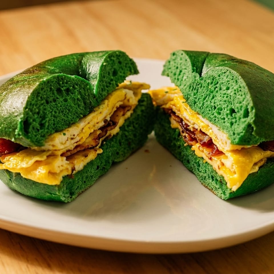 Green bagel sandwich with scrambled eggs and bacon, cut in half on a white plate.