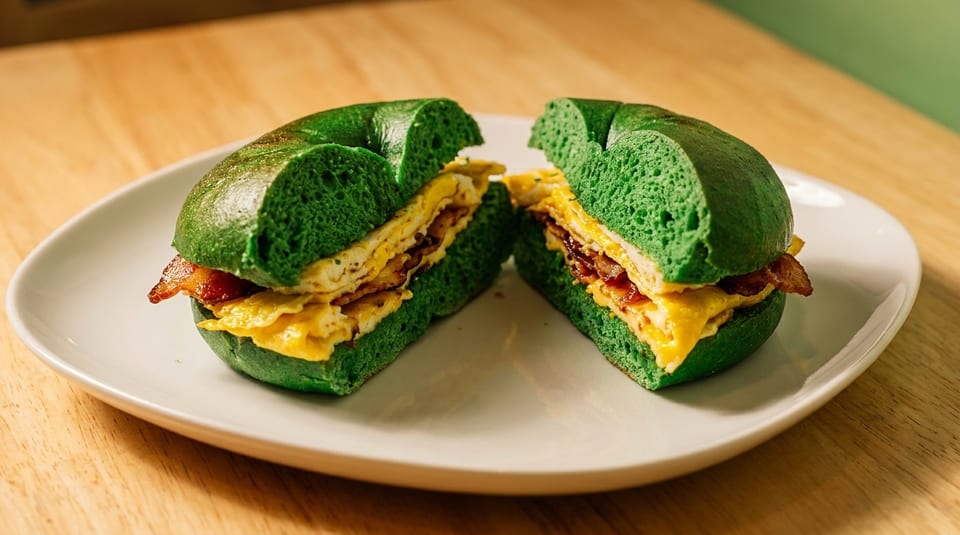 Green bagel sandwich with scrambled eggs and bacon, cut in half on a white plate.