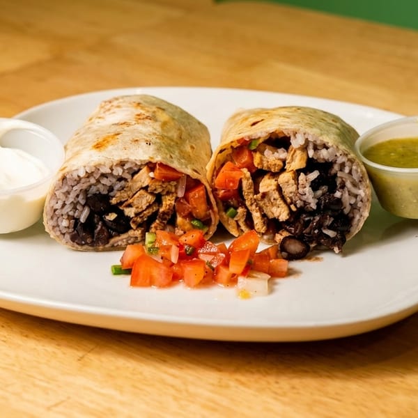 Two burritos, cut in half, revealing chicken, rice, and black beans, with salsa and sour cream.