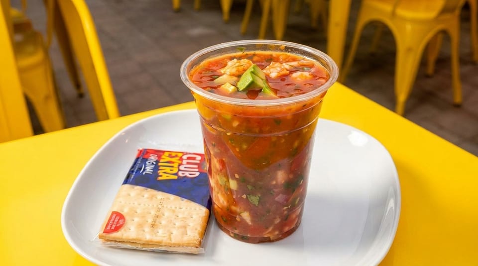 A plastic cup of ceviche with shrimp and avocado, alongside crackers on a white plate.